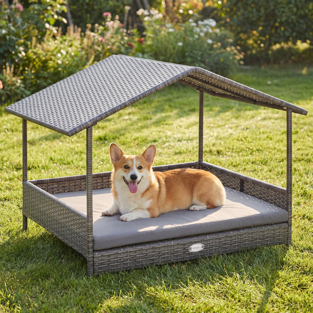 Elevated PE Rattan Dog Bed with Canopy