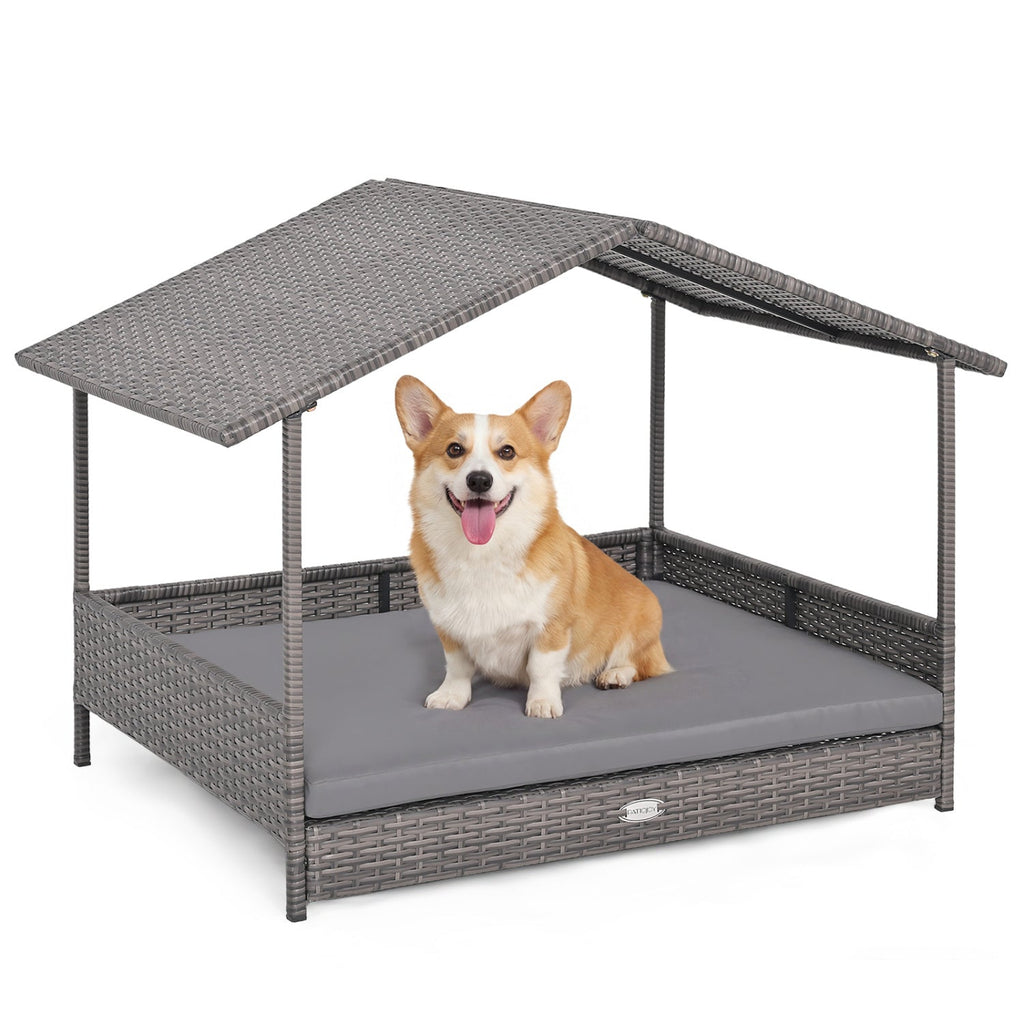 Elevated PE Rattan Dog Bed with Canopy