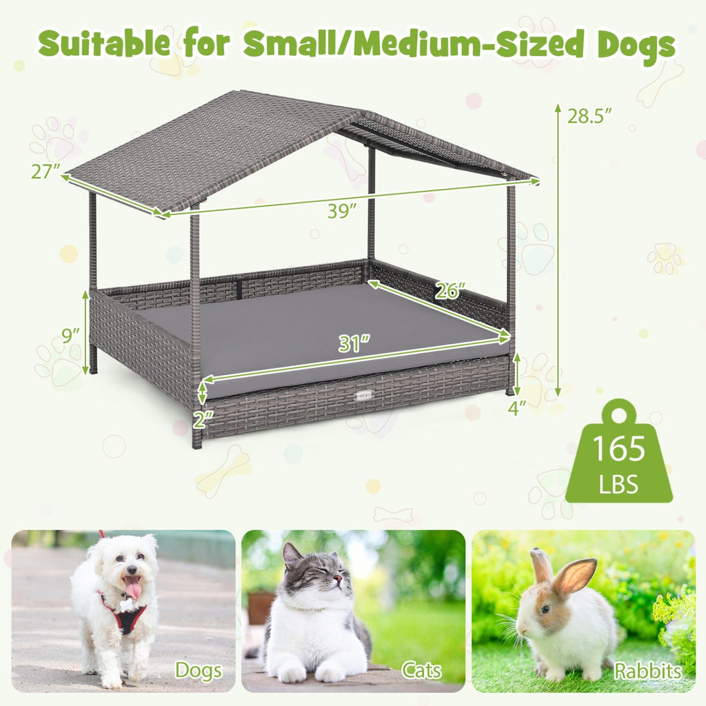 Elevated PE Rattan Dog Bed with Canopy