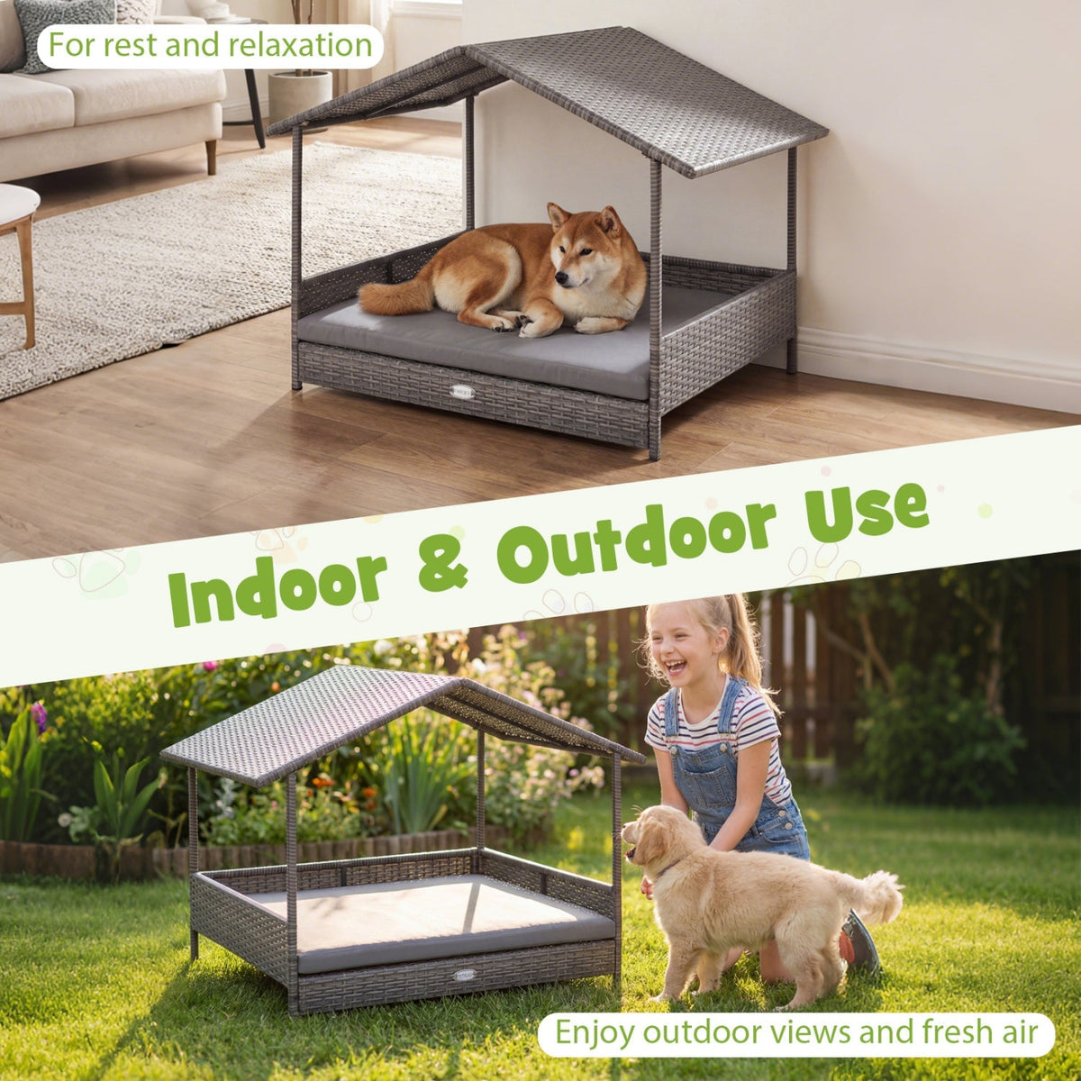 Elevated PE Rattan Dog Bed with Canopy